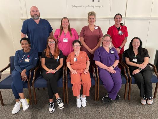 Front Row (l to r) - Chiquita Boyd, RN/DON (B201/W1 Female Receiving), Ashley Lilley, RN/DON (B45 & B46 Continued Treatment Services), Sarah Blackmon, RN (B46), Melissa Blaumuller, RN (B43), Jessica Harrell, RN (B201/W1) Back Row (l to r) - Will Covington, RN/Charge Nurse (B45), Kimberly George, RN/CN (B203/W4), Marilen Kelley, BSN/RN/Nurse Educator (B67), Brandi Barwick, RN/DON (Male Receiving)